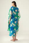 Shop_REENA SHARMA_Blue Viscose, Linen V-neck Floral Print Kaftan _at_Aza_Fashions