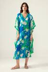 Buy_REENA SHARMA_Blue Viscose, Linen V-neck Floral Print Kaftan _at_Aza_Fashions