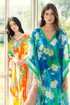 Buy_REENA SHARMA_Blue Viscose, Linen V-neck Floral Print Kaftan _Online_at_Aza_Fashions
