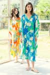 Shop_REENA SHARMA_Blue Viscose, Linen V-neck Floral Print Kaftan _Online_at_Aza_Fashions