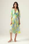 Buy_Reena Sharma_Blue Viscose, Chiffon V-neck Nora Midi Dress _at_Aza_Fashions