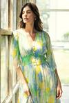 Shop_Reena Sharma_Blue Viscose, Chiffon V-neck Nora Midi Dress _Online_at_Aza_Fashions