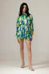 Buy_REENA SHARMA_Blue Viscose, Chiffon Round Neck Nora Ruching Short Dress _at_Aza_Fashions