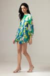 Buy_REENA SHARMA_Blue Viscose, Chiffon Round Neck Nora Ruching Short Dress _Online_at_Aza_Fashions