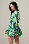 Shop_REENA SHARMA_Blue Viscose, Chiffon Round Neck Nora Ruching Short Dress _at_Aza_Fashions
