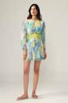 Buy_REENA SHARMA_Blue Viscose, Chiffon Round Neck Nora Short Dress _at_Aza_Fashions