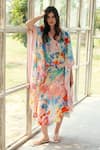 Buy_REENA SHARMA_Multi Color Viscose, Chiffon V-neck Zoe Kaftan _at_Aza_Fashions