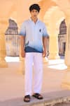 Buy_Raw & Rustic by Niti Bothra_Blue Linen, Cotton, Tencel Embroidery Wolf Cuban Collar Shirt _Online_at_Aza_Fashions