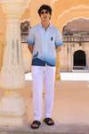 Buy_Raw & Rustic by Niti Bothra_Blue Linen, Cotton, Tencel Embroidery Wolf Cuban Collar Shirt _at_Aza_Fashions