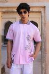 Buy_Raw & Rustic by Niti Bothra_Pink Linen, Cotton, Tencel Embroidery Panda Cuban Collar Shirt _at_Aza_Fashions