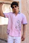 Raw & Rustic by Niti Bothra_Pink Linen, Cotton, Tencel Embroidery Panda Cuban Collar Shirt _at_Aza_Fashions