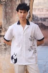 Buy_Raw & Rustic by Niti Bothra_White Linen, Cotton, Tencel Embroidery Panda Cuban Collar Shirt _at_Aza_Fashions