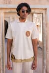 Buy_Raw & Rustic by Niti Bothra_Yellow Cotton, Linen, Tencel Embroidery Lion Cuban Collar Shirt _Online_at_Aza_Fashions
