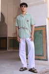 Buy_Raw & Rustic by Niti Bothra_Green Linen, Cotton, Tencel Embroidery Giraffe Cuban Collar Shirt _Online_at_Aza_Fashions