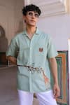 Shop_Raw & Rustic by Niti Bothra_Green Linen, Cotton, Tencel Embroidery Giraffe Cuban Collar Shirt _Online_at_Aza_Fashions