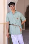 Raw & Rustic by Niti Bothra_Green Linen, Cotton, Tencel Embroidery Giraffe Cuban Collar Shirt _at_Aza_Fashions