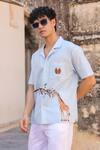 Raw & Rustic by Niti Bothra_Sky Blue Cotton, Linen, Tencel Embroidery Giraffe Cuban Collar Shirt _Online_at_Aza_Fashions