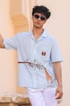 Buy_Raw & Rustic by Niti Bothra_Sky Blue Cotton, Linen, Tencel Embroidery Giraffe Cuban Collar Shirt _Online_at_Aza_Fashions