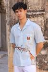 Shop_Raw & Rustic by Niti Bothra_Sky Blue Cotton, Linen, Tencel Embroidery Giraffe Cuban Collar Shirt _Online_at_Aza_Fashions