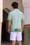 Shop_Raw & Rustic by Niti Bothra_Green Linen, Cotton, Tencel Embroidery Deer Cuban Collar Shirt _at_Aza_Fashions