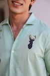 Buy_Raw & Rustic by Niti Bothra_Green Linen, Cotton, Tencel Embroidery Deer Cuban Collar Shirt _Online_at_Aza_Fashions