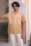 Buy_Raw & Rustic by Niti Bothra_Peach Linen, Tencel, Cotton Embroidery Horse Cuban Collar Shirt _at_Aza_Fashions