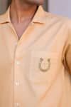 Raw & Rustic by Niti Bothra_Peach Linen, Tencel, Cotton Embroidery Horse Cuban Collar Shirt _at_Aza_Fashions