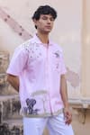 Buy_Raw & Rustic by Niti Bothra_Pink Linen, Cotton, Tencel Embroidery Elephant Cuban Collar Shirt _at_Aza_Fashions