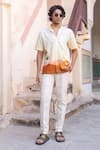 Raw & Rustic by Niti Bothra_Yellow Cotton, Linen, Tencel Embroidery Camel Cuban Collar Shirt _at_Aza_Fashions