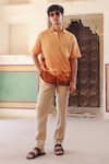 Buy_Raw & Rustic by Niti Bothra_Rust Linen, Cotton, Tencel Embroidery Camel Cuban Collar Shirt _Online_at_Aza_Fashions
