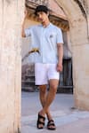 Shop_Raw & Rustic by Niti Bothra_Blue Linen, Cotton, Tencel Embroidery Light Leopard Cuban Shirt _Online_at_Aza_Fashions