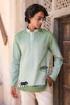 Buy_Raw & Rustic by Niti Bothra_Green Linen, Tencel, Cotton Embroidery Panther Kurta _at_Aza_Fashions