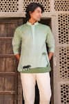 Shop_Raw & Rustic by Niti Bothra_Green Linen, Tencel, Cotton Embroidery Panther Kurta _Online_at_Aza_Fashions