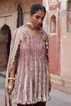 Etasha by Asha Jain_Fuchsia Tissue, Crepe Tassels, Metallic Thread V-neck Fuschia Kurta Set _Online_at_Aza_Fashions