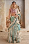 Buy_Etasha by Asha Jain_Turquoise Tissue Sweetheart Neck Copper Pre-draped Saree And Blouse Set _at_Aza_Fashions