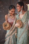 Etasha by Asha Jain_Green Tissue Embroidery, Sequins, Beads Sea Pre-draped Saree And Blouse Set _at_Aza_Fashions