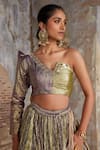 Buy_Etasha by Asha Jain_Lavender Tissue Sequins Asymmetric Lime Green And Purple Fusion Lehenga Set _Online_at_Aza_Fashions