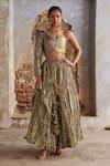 Buy_Etasha by Asha Jain_Lavender Tissue Sequins Asymmetric Lime Green And Purple Fusion Lehenga Set _at_Aza_Fashions