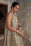 Etasha by Asha Jain_Brown Satin Embroidery Square Neck, Round Crochet Jacket And Draped Skirt Set _Online_at_Aza_Fashions