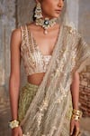 Etasha by Asha Jain_Lavender Silk Pearls, Lime Green Textured Metallic Pre-draped Saree And Blouse Set _at_Aza_Fashions