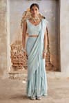 Buy_Etasha by Asha Jain_Blue Georgette Ruffles, Embroidery, Sequins V-neck Ice Pre-draped Saree Set _Online_at_Aza_Fashions