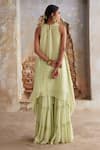 Shop_Etasha by Asha Jain_Green Georgette Sequins Round Neck Lime Kurta Sharara Set _at_Aza_Fashions