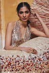 Shop_Etasha by Asha Jain_Gold Silk Embroidery, Sequins Halter Neck Textured Lehenga And Waistcoat Set _Online_at_Aza_Fashions