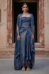 Buy_Etasha by Asha Jain_Navy Georgette Sequins Open , Square Blue Stripe Skirt Set _at_Aza_Fashions