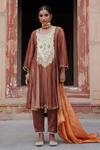 Buy_Etasha by Asha Jain_Brown Silk, Tissue Embroidery Round Neck Coffee Metallic Mesh Anarkali Set _at_Aza_Fashions