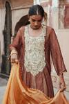 Buy_Etasha by Asha Jain_Brown Silk, Tissue Embroidery Round Neck Coffee Metallic Mesh Anarkali Set _Online_at_Aza_Fashions