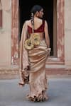 Shop_Etasha by Asha Jain_Cream Tissue, Velvet V-neck Champagne Striped Saree And Blouse Set _at_Aza_Fashions