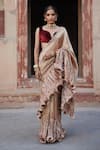 Buy_Etasha by Asha Jain_Cream Tissue, Velvet V-neck Champagne Striped Saree And Blouse Set _at_Aza_Fashions