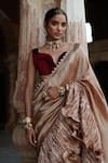 Etasha by Asha Jain_Cream Tissue, Velvet V-neck Champagne Striped Saree And Blouse Set _Online_at_Aza_Fashions