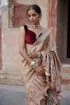 Buy_Etasha by Asha Jain_Cream Tissue, Velvet V-neck Champagne Striped Saree And Blouse Set _Online_at_Aza_Fashions